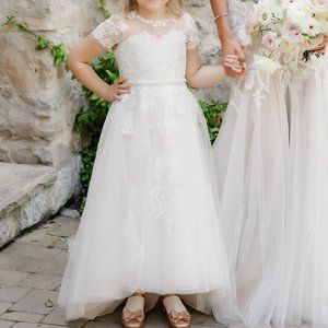 David's Bridal Flower Girl Dress: appliqued cap sleeve lace-up flower girl dress